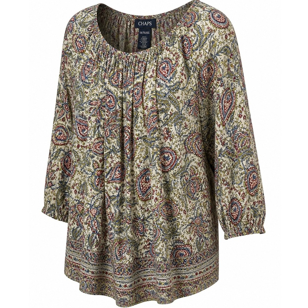 Chaps Blouse Women 1X Paisley 3/4 Sleeve Cotton Cream Multi Relaxed Fit Modern